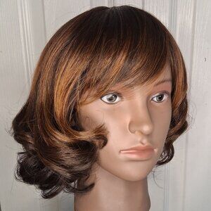 Short Wavy Synthetic Blossom Wig Daily Highlights Bangs Curly Light Dark Brown